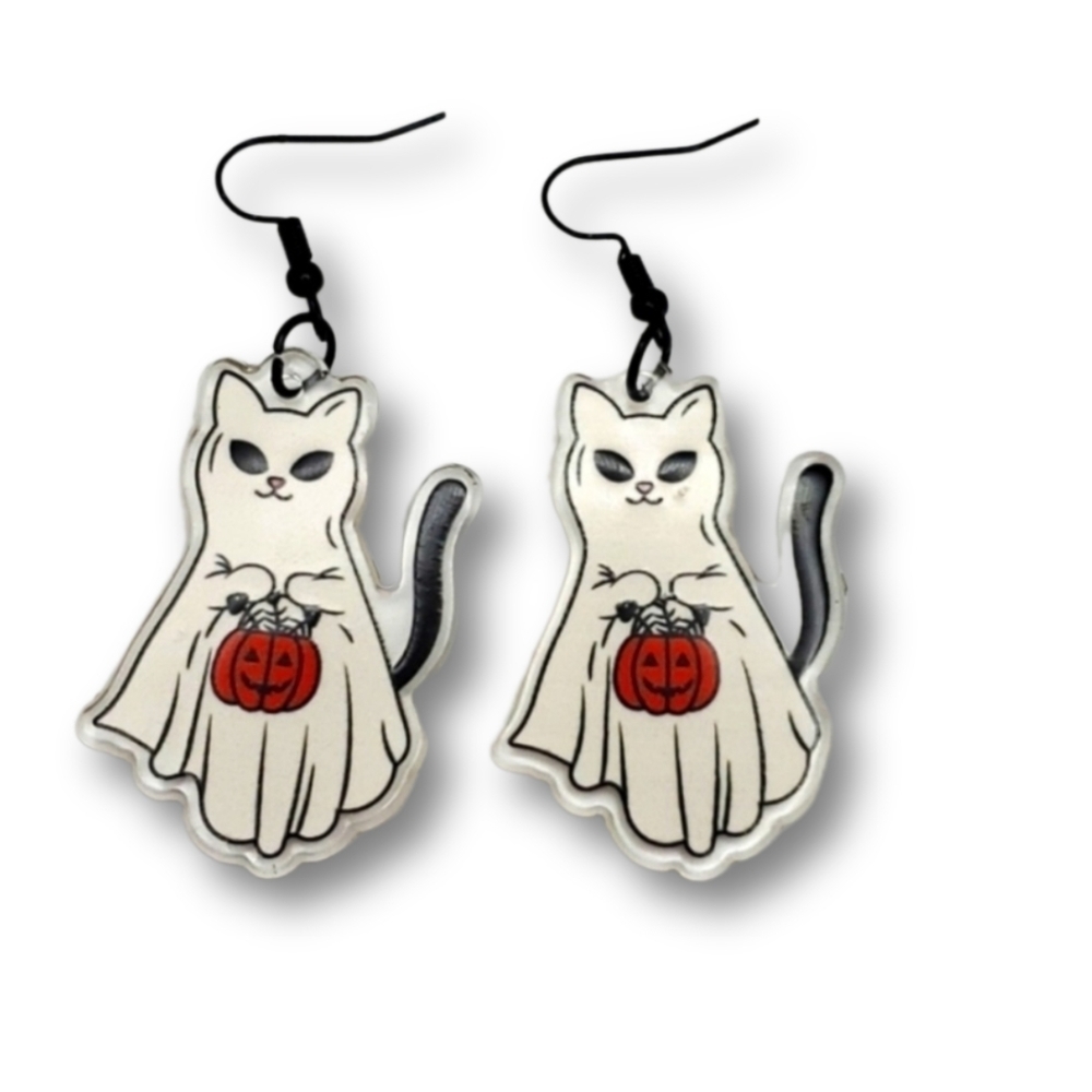 Halloween Ghost Cat Trick or Treating Earrings